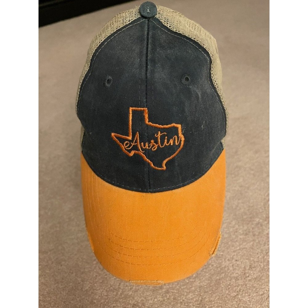 Austin Hat Cap Mesh - Blue - Tan - Orange - with built-in distress on brim OSFA